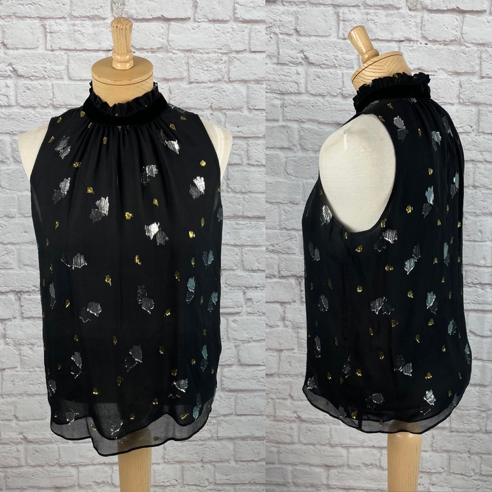 Rebecca Taylor Scattered Tulip Metallic Chiffon Velvet Ruffled Silk Top Size 6